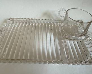 Hazel Atlas "Snack, Sip and Smoke" Glass Tray and Cup Set