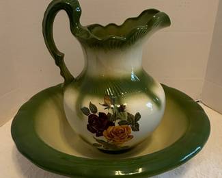 Mayfayre Staffordshire Green Floral Wash Basin and Pitcher Set