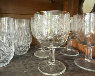 Bartlett Collins Grape Leaf Etched Stemware and Cut Tumblers