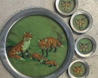 Fox Family Lithograph Tray and Coaster Set