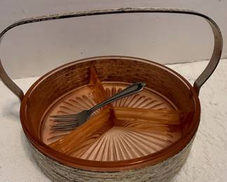 Pink Depression Glass Divided Relish Dish with Metal Carrier