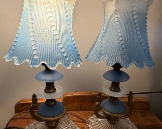 Art Deco Blue Frosted Glass Boudoir Lamps (Pair)