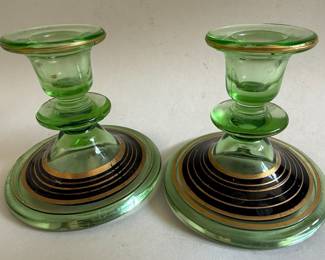 Green Uranium Glass Candlestick Pair with Gold Bands