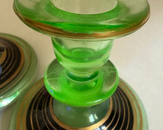 Green Uranium Glass Candlestick Pair with Gold Bands