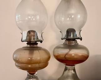 Pair of Clear Glass Oil Lamps with Eagle Burner