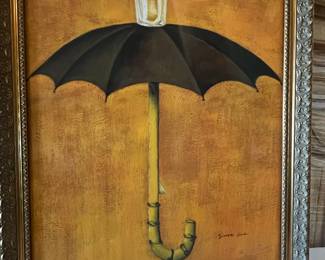 Surrealist Painting of Umbrella with Glass of Water