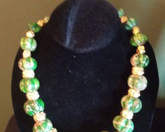 Green Swirl Glass Bead Necklace with Gold-Tone Spacers