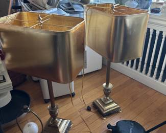 Pair of Maison Charles Style Brass Table Lamps with Gold Fabric Shades