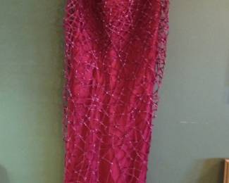 Red Beaded Net Overlay Evening Gown