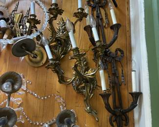 Vintage French Louis XV Style Gilt Bronze Sconces with Crystal Accents