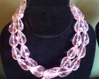 Double Strand Pink Rose Quartz Teardrop Necklace with Agate Pendant