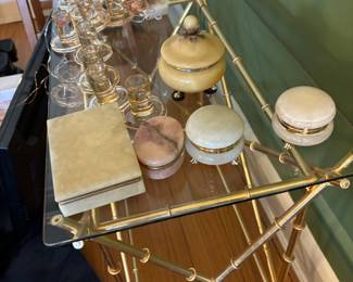 Vintage Faux Bamboo Brass Bar Cart with Alabaster Accents and Glass Shelves