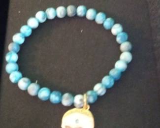 Blue Agate and Apatite Beaded Bracelet with Gold-Tone Charm