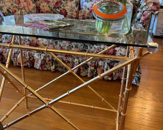 Brass Faux Bamboo Coffee Table with Glass Top