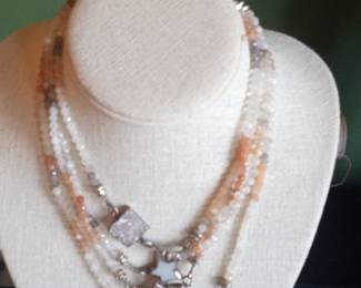 Multi-Strand Moonstone and Sunstone Necklace with Crystal Pendants