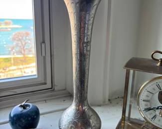 Vintage Etched Silver-Plated Brass Vase, likely Indian