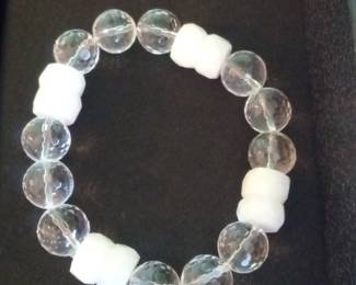 Clear Quartz and White Jade Barrel Bead Bracelet