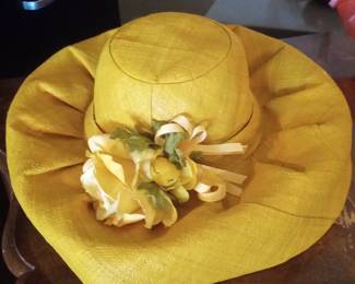 Vintage Yellow Straw Sun Hat with Fabric Flowers and Ribbon Accent