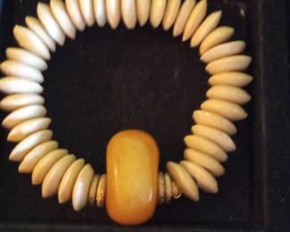 Vintage Baltic Amber and Carved Bone Bracelet
