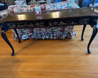 Hekman Black Lacquer Chinoiserie Walnut Burl Console Table