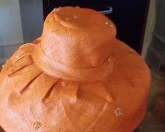 Orange Wide-Brimmed Kentucky Derby Hat with Rhinestone Embellishments