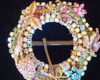 Vintage Rhinestone Enamel Floral Dragonfly Buckle