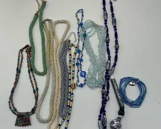 Mixed Necklace Collection Blue Glass Beaded and Faux Pearl Styles