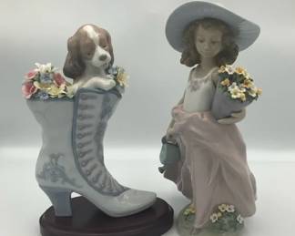 Lladr Figurine Lot Girl with Flowers Spaniel Dog in Boot Porcelain Spain