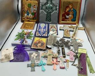 Assorted Religious Wall Decor, Crosses, and Icon Art Including Celtic and Serenity Prayer Pieces