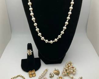 14K Gold And Pearl Necklace, Earrings, Pins And More