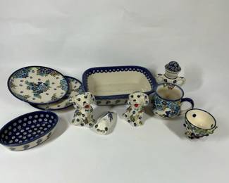 Boleslawiec Polish Pottery Lot, Unikat 788 Mug Plate, Blue White Stoneware