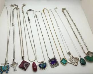 .925 Sterling Silver and Stone Pendant Necklace Lot Turquoise Amethyst Malachite Style