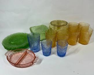 Vintage Colored Glass Lot, Amber Drinking Glasses, Blue Tumblers, Green Plates
