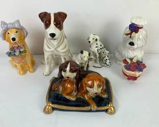 Dog Figurines Including Dalmatians, Terrier, and Floral Puppy Figures