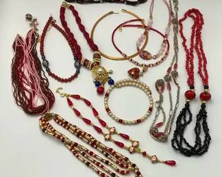 Red and Black Beaded Necklace Collection with Bracelets and Chains