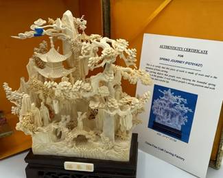 Chinese Carved Resin Village Scene on Wood Stand