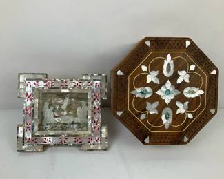 Mother of Pearl Inlaid Frame and Decorative Wooden Box Set
