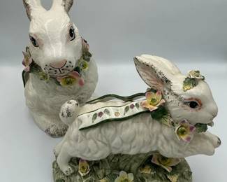 Porcelain Bunny Figurines with Floral Base