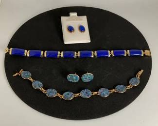 14K Gold Lapis and Opal Inlay Jewelry Set with Matching Earrings