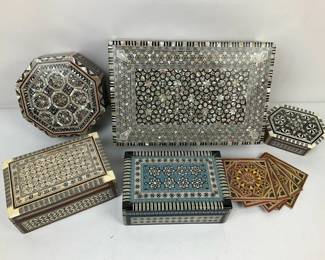 Intricate Inlaid Wood and Mother of Pearl Boxes with Tray and Coasters