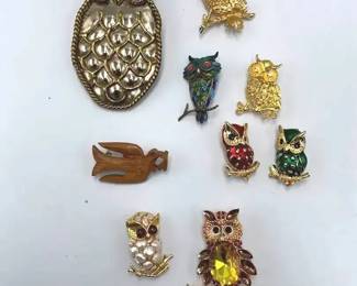 Owl Brooch Collection with Rhinestone, Enamel and Gold Tone Designs