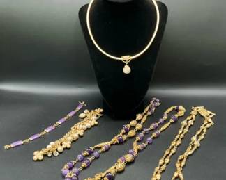 St John Couture Jewelry Necklaces Bracelet Gold Tone Purple Beaded