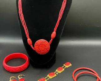 Red Cinnabar Carved Jewelry Set Necklace Bracelet Bangles Earrings