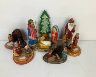 HandCarved Wooden Nativity Figures and Folk Art Holiday Display