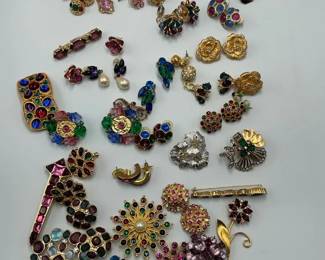 Colorful Vintage Jewelry Lot with Rhinestone Earrings and Brooches