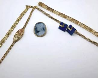 14K Gold Bracelets, Earrings And Cameo Brooch