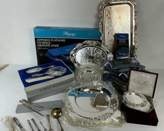 Silverplate Serveware, Trays, Flatware Accessories Storage Lot