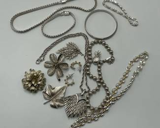 Silver Tone Jewelry Lot with Necklaces, Bracelets and Brooches