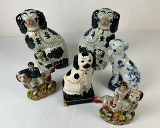 Ceramic Dog Figurines Inc Staffordshire Style Spaniels Blue White Dog