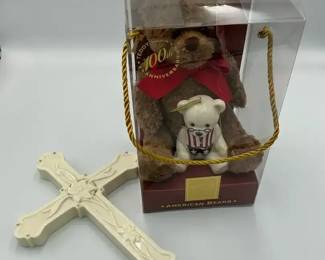 Lenox American Bears Teddy Bear 100th Anniversary Plush Ivory China Ornament Cross